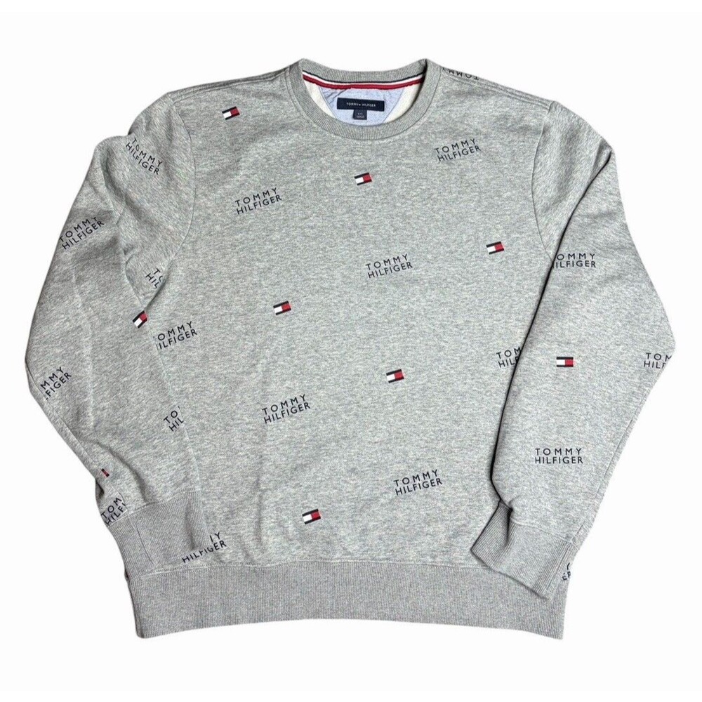 Tommy Hilfiger All Over Spell Out Sweatshirt Adult Large Gray Crewneck AOP